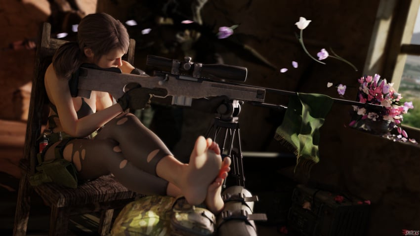 1girls 3d barefoot big_feet brown_hair feet feet_together female female_only foot_focus indoors metal_gear_solid ponytail quiet_(metal_gear) sniper soles solo solo_female toes wtsnacks1