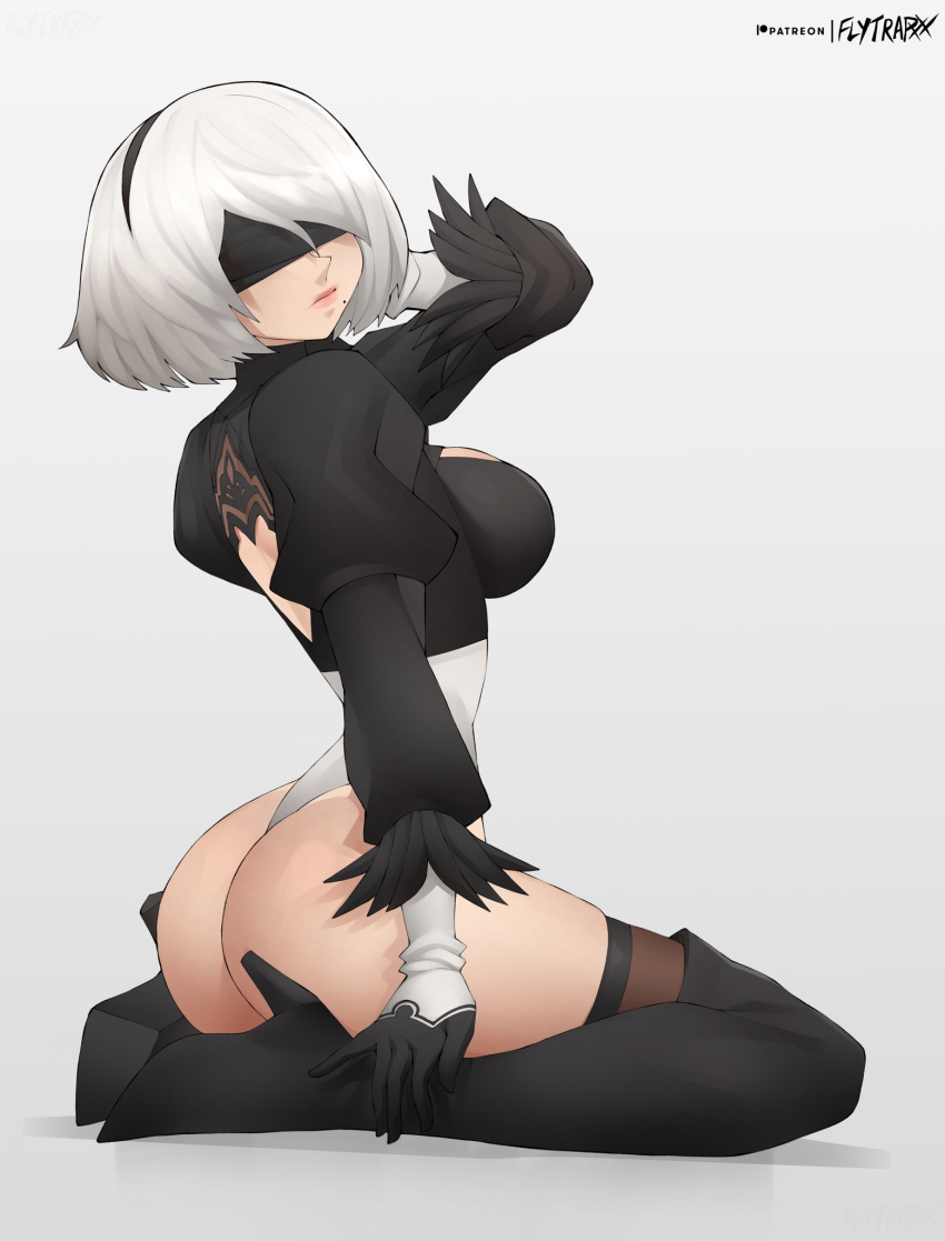 1girls 2022 android android_girl ass beauty_mark blindfold breasts female female_only flytrapxx heeled_boots heels highleg_leotard hips huge_ass huge_breasts kneeling leotard looking_at_viewer mole_under_mouth nier nier:_automata nier_(series) short_hair sideboob slim_waist square_enix thick_thighs thigh_boots thighhighs thighs white_hair wide_hips yorha_2b