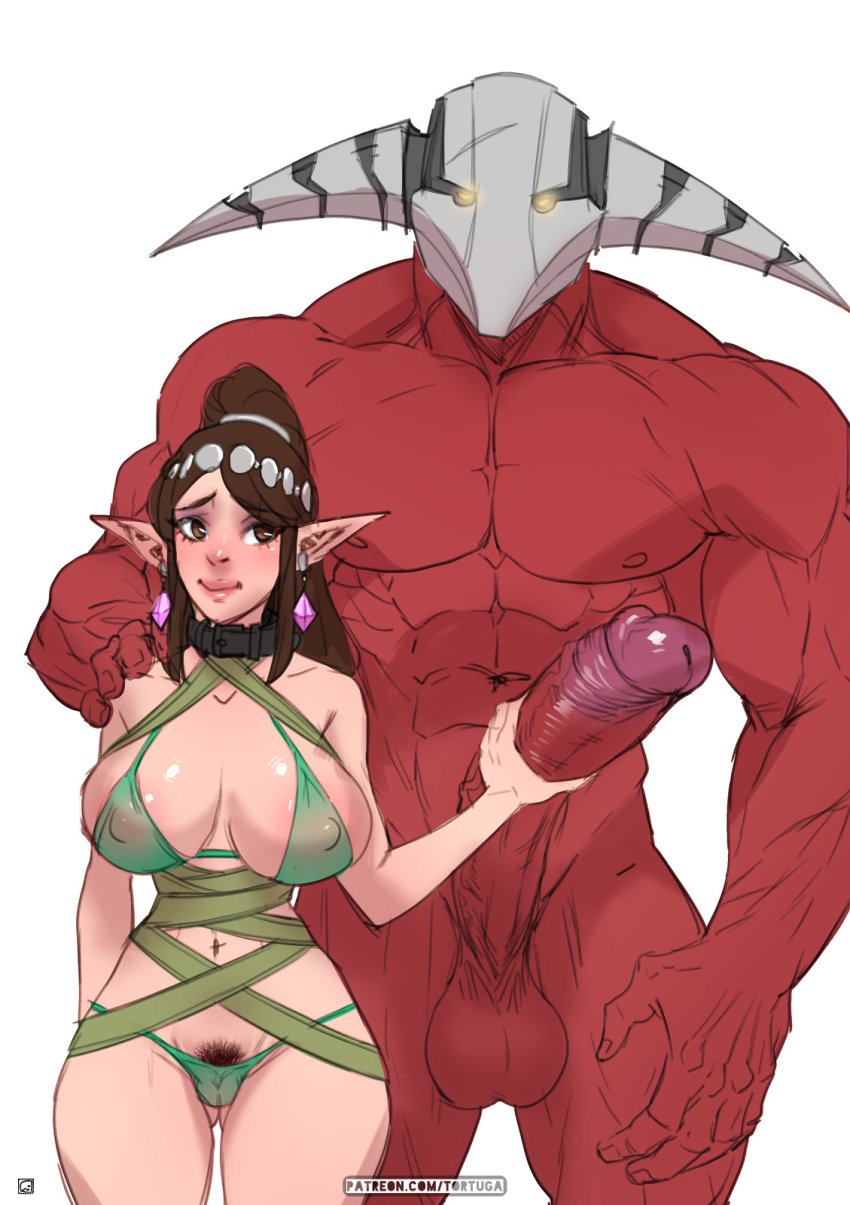 1boy 1girls big_breasts big_penis brown_eyes brown_hair dota_2 earrings elf elf_ears elf_female female female_pubic_hair holding holding_penis horn huge_cock male mask muscular necklace nipples paladins penis pointy_ears pubic_hair pussy red_skin scantily_clad sven_the_rogue_knight tortuga white_skin ying_(paladins)