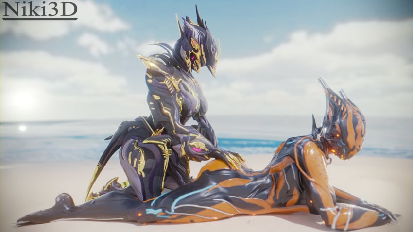 2girls armor beach dat_ass hands_on_ass helmet large_ass lying multiple_girls niki3d thick_thighs valkyr_(warframe) warframe yuri zephyr_(warframe) zephyr_prime_(warframe)