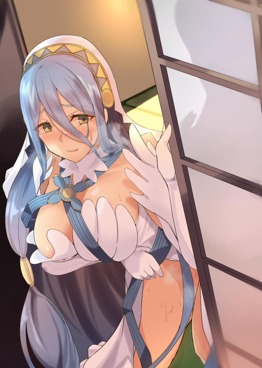 1girls :p accidental_exposure azura_(fire_emblem) bare_legs bare_thighs blue_hair blush breasts caught cleavage door elbow_gloves endou_(zettai_bluenoid) endouvocalotyu female_focus fire_emblem fire_emblem_fates gloves hair_between_eyes heavy_breathing implied_sex large_breasts licking_lips light_blue_hair long_hair naughty_face nervous nintendo opening_door sex smile solo_focus stealth_sex steaming_body steamy sweat thighs tongue tongue_out very_long_hair wardrobe_malfunction yellow_eyes