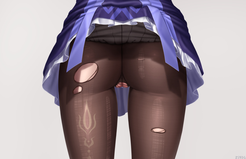 ass ass_focus black_legwear censored chinese_commentary commentary_request dress female frilled_dress frills from_behind genshin_impact highres keqing_(genshin_impact) lower_body mosaic_censoring no_panties pantyhose purple_dress pussy short_dress simple_background solo thighs torn_clothes torn_legwear upskirt white_background z282g