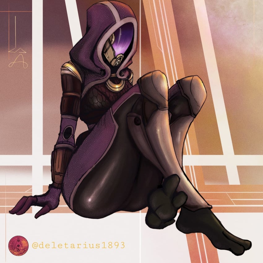 alien_girl armor athletic_female bodysuit clothed deletarius1893 female fully_clothed girl helmet hidden_eyes hidden_face high_tech high_tech_mask hood hooded hooded_cloak image knee_pads knees_up mask masked masked_female mass_effect metal_mask nonude purple purple_and_black quarian sfw simple_background sitting skintight_bodysuit solo solo_female tali'zorah_nar_rayya thick_thighs thighs