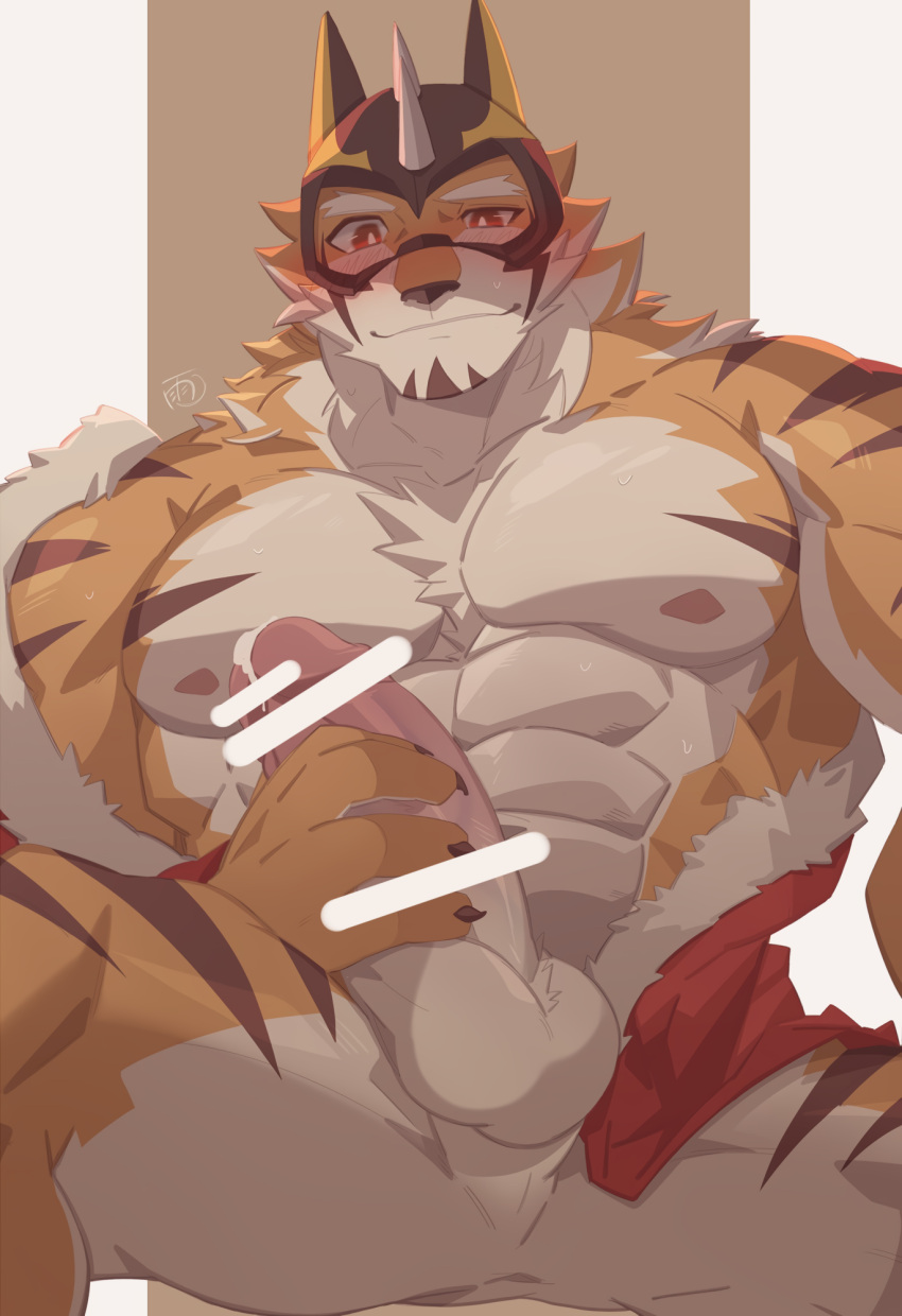 1boy abs animal_ears bar_censor bara bare_pectorals beige_fur blush censored erection facial_hair feet_out_of_frame fur-trimmed_jacket fur_trim furry furry_male goatee hachi_duchi highres huge_cock jacket large_pectorals live-a-hero male male_focus male_masturbation male_only mask masturbation muscular muscular_male naked_jacket nipples official_alternate_costume open_clothes open_jacket orange_fur pectorals penis precum red_jacket ryekie_(live_a_hero) santa_costume short_hair solo spread_legs stomach thick_thighs thighs tiger_boy tiger_ears two-tone_fur veins veiny_penis