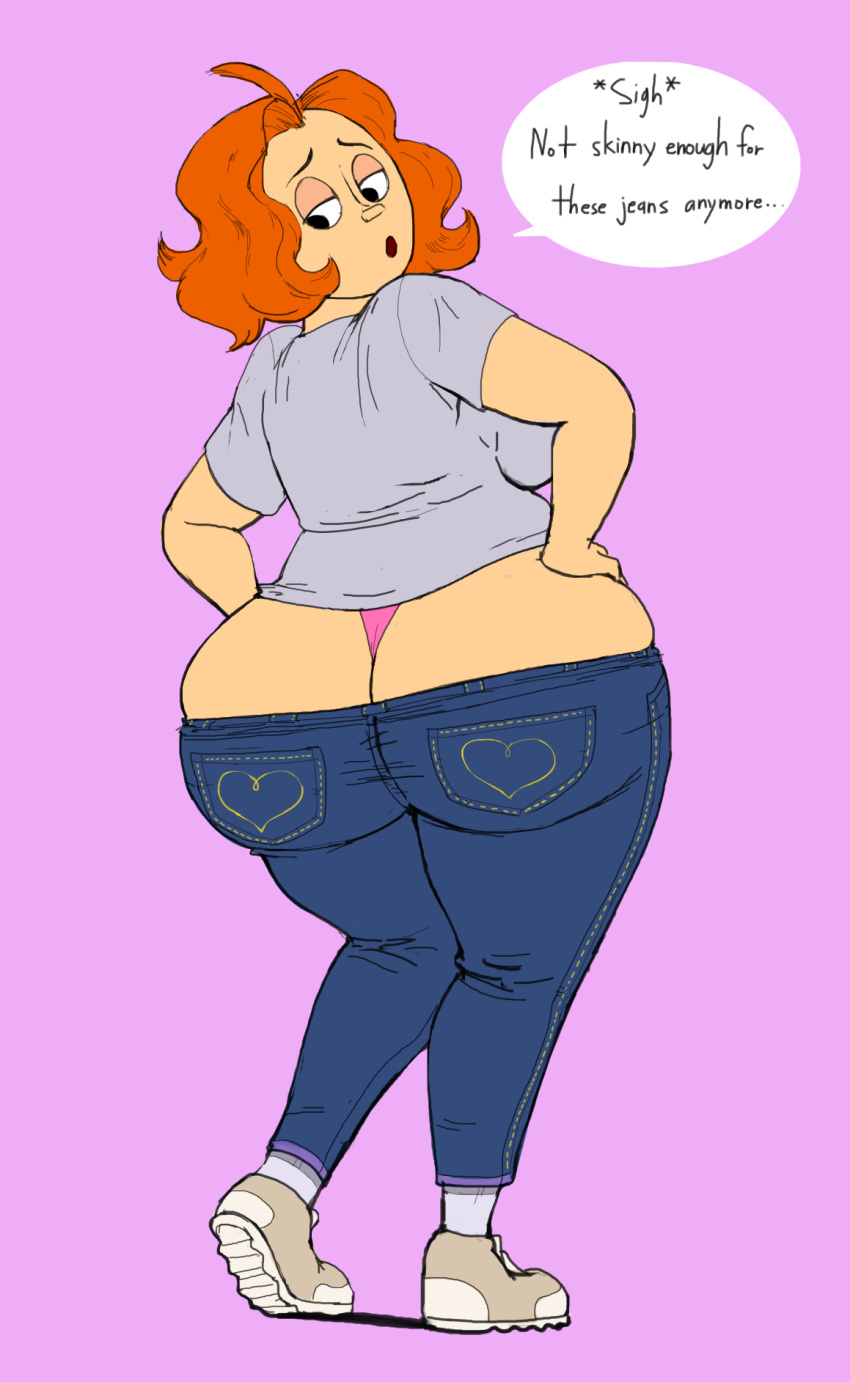 1girls 2020 ass_cleavage bbw big_ass big_breasts black_eyes butt_crack chubby chubby_female cute female grey_sneakers grey_t-shirt inconvenient_ass jeans judy_abbott_(twelve_forever) looking_back milf mom_jeans orange_hair outta_sync panties pink_panties sideboob sneakers t-shirt tagme thick_thighs too_small_clothes twelve_forever