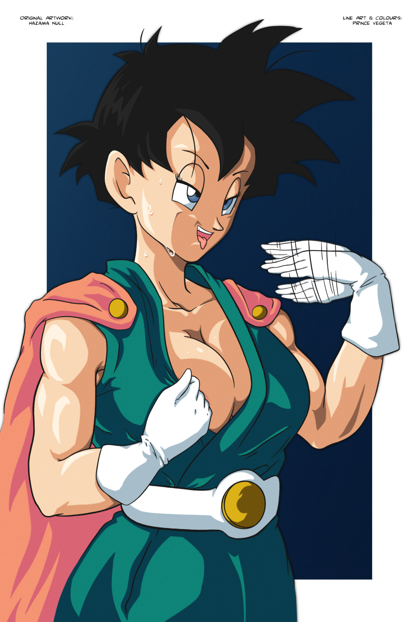 1girls alternate_costume alternate_version_available belt big_breasts black_hair blue_eyes cape cleavage dragon_ball dragon_ball_z female female_only gloves great_saiyaman_2 great_saiyawoman half-closed_eyes hazama_null horny nipple_slip nipples open_mouth overheated prince_vegeta short_hair smiling solo spiked_hair superheroine sweat sweatdrop teenager tongue tongue_out tunic videl wardrobe_malfunction waving_hand