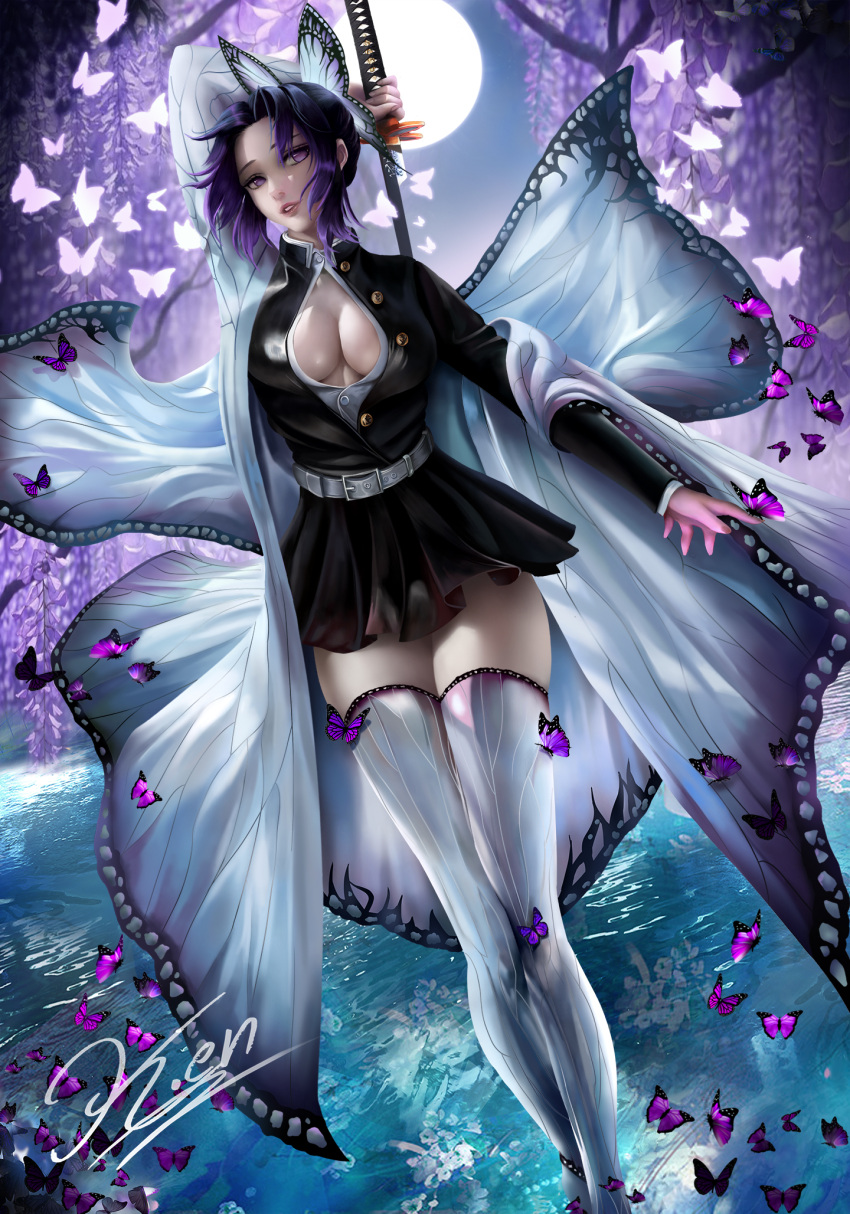 alternate_costume black_hair butterfly butterfly_hair_ornament cleavage demon_slayer detailed_background feet_out_of_frame female female_only full_body haori k.en katana kimetsu_no_yaiba kochou_shinobu long_sleeves looking_at_viewer moon night no_bra no_pupils open_shirt pleated_skirt purple_eyes purple_highlights realistic solo sword thighhighs two_tone_hair uniform white_legwear white_thighhighs wisteria_(flower) zettai_ryouiki