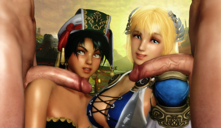 2boys 2girls 3d artist_request black_hair blonde_hair cleavage clothed clothed_female_nude_male dark_skin hetero long_hair milf penis_on_shoulder smile sophitia_alexandra soul_calibur tagme talim