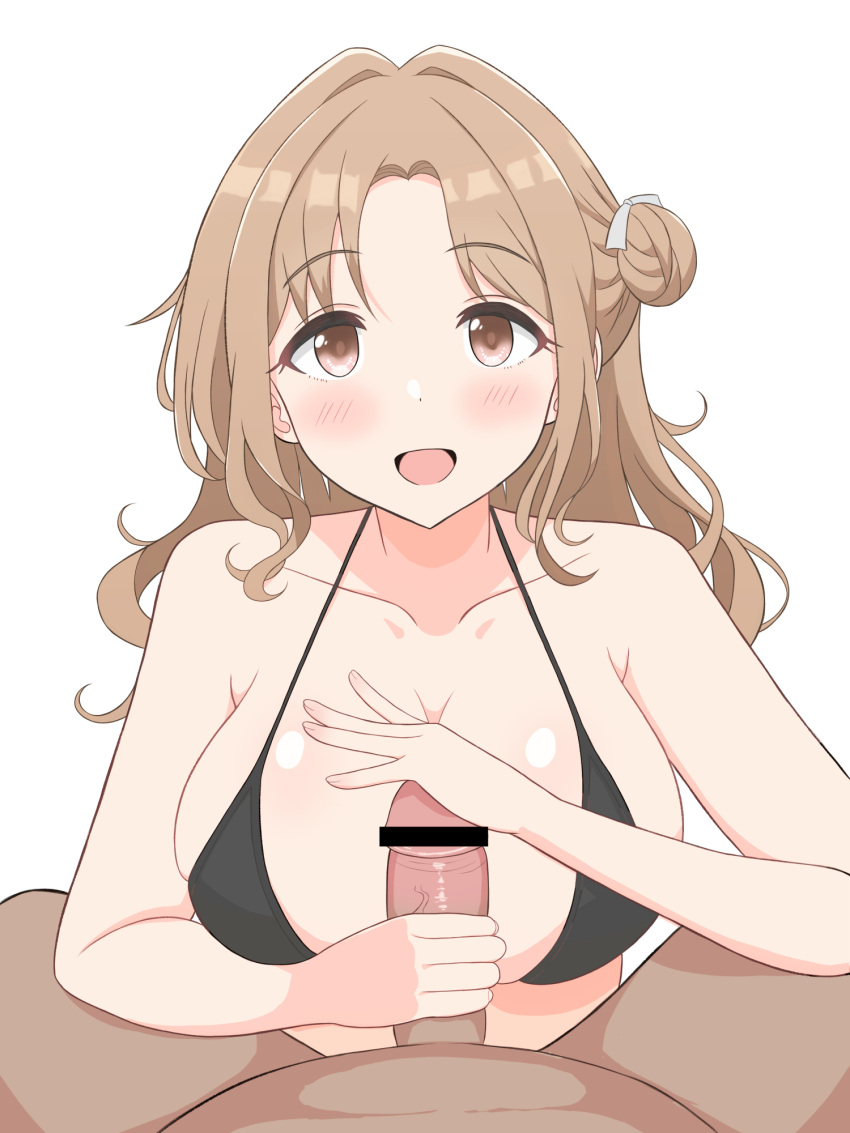 1boy 1girls bar_censor bikini bikini_top black_bikini blush breasts brown_eyes brown_hair censored collarbone commentary_request dark-skinned_male dark_skin erection eyebrows_visible_through_hair female glansjob hair_bun halterneck handjob highres holding ichikawa_hinana idolmaster idolmaster_shiny_colors large_breasts light-skinned_female light_skin long_hair looking_at_viewer penis simple_background smile straight swimsuit veins veiny_penis wagokinesis white_background