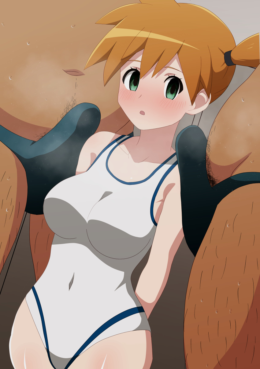 1girls 2boys alternate_breast_size blush breasts cowboy_shot creatures_(company) female game_freak green_eyes gym_leader hairy_man huge_breasts human kasumi_(pokemon) large_breasts legs male misty_(pokemon) multiple_boys navel nintendo one-piece_swimsuit open_mouth orange_hair penis penis_under_clothes pokemon pokemon_(game) pokemon_gsc pokemon_hgss pokemon_rgby ponytail side_ponytail sitting swimsuit tears thick_thighs thighs tomboy veins veiny_penis yugo-eti