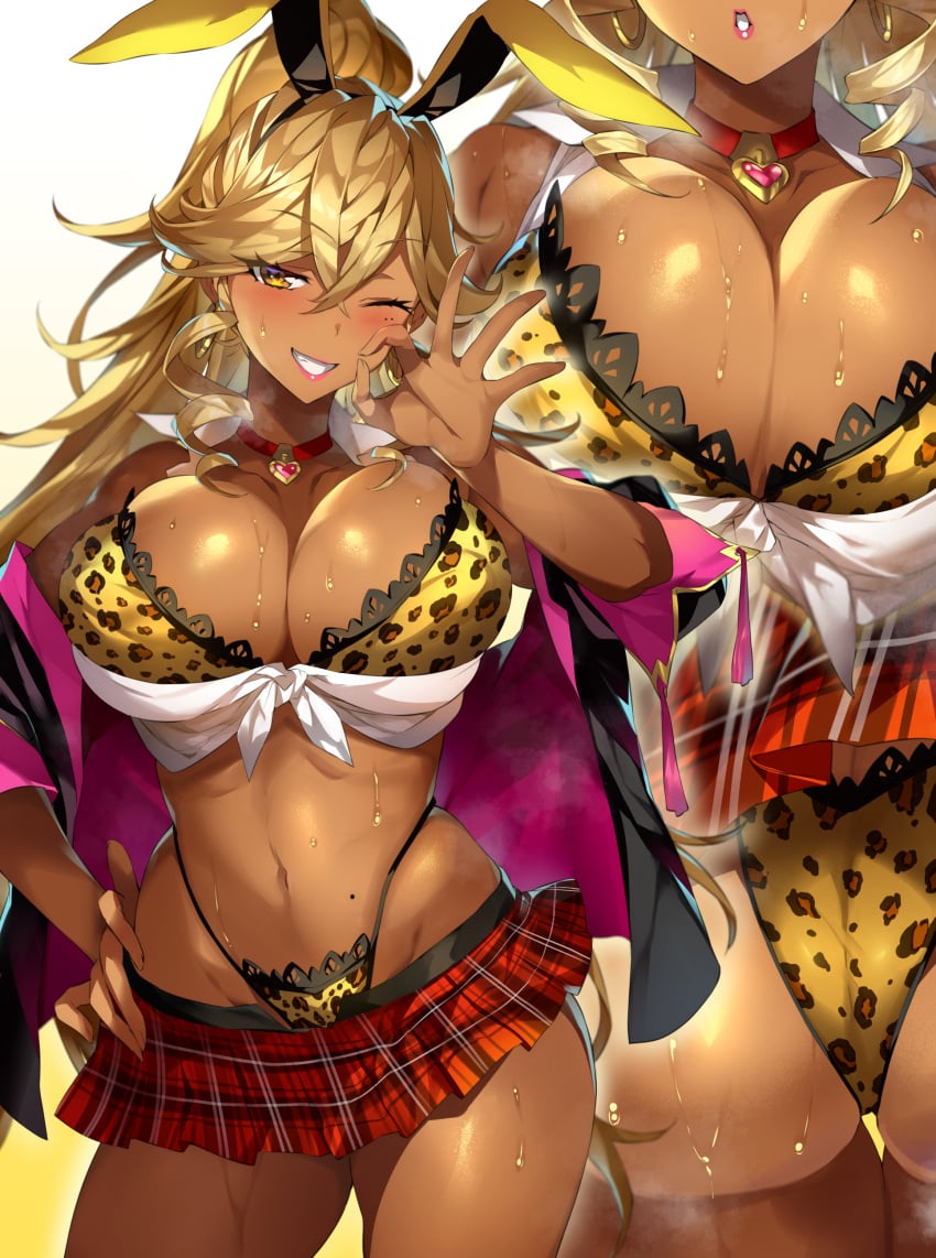 1girls 2021 alternate_version_available ass blonde_hair blush bra breasts brown_skin bunny_ears bunny_girl bunnystein_fantasy celica_(bunnystein_fantasy) choker cleavage crop_top fellatio_gesture female female_focus female_only gan_(shanimuni) gold_eyes gyaru heart_choker hi_res highleg_panties huge_breasts large_ass leopard_print leopard_print_bra leopard_print_panties long_hair looking_at_viewer naughty_face panties schoolgirl_outfit short_skirt smile suggestive_gesture suggestive_look sweat sweaty_body tan tan-skinned_female tan_skin wink