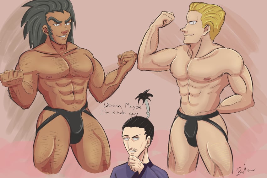 almost_naked bara bara_tits big_breasts blonde_hair bulge dark_skin flaccid gay hunter_x_hunter male_only phinks_magcub uvogin