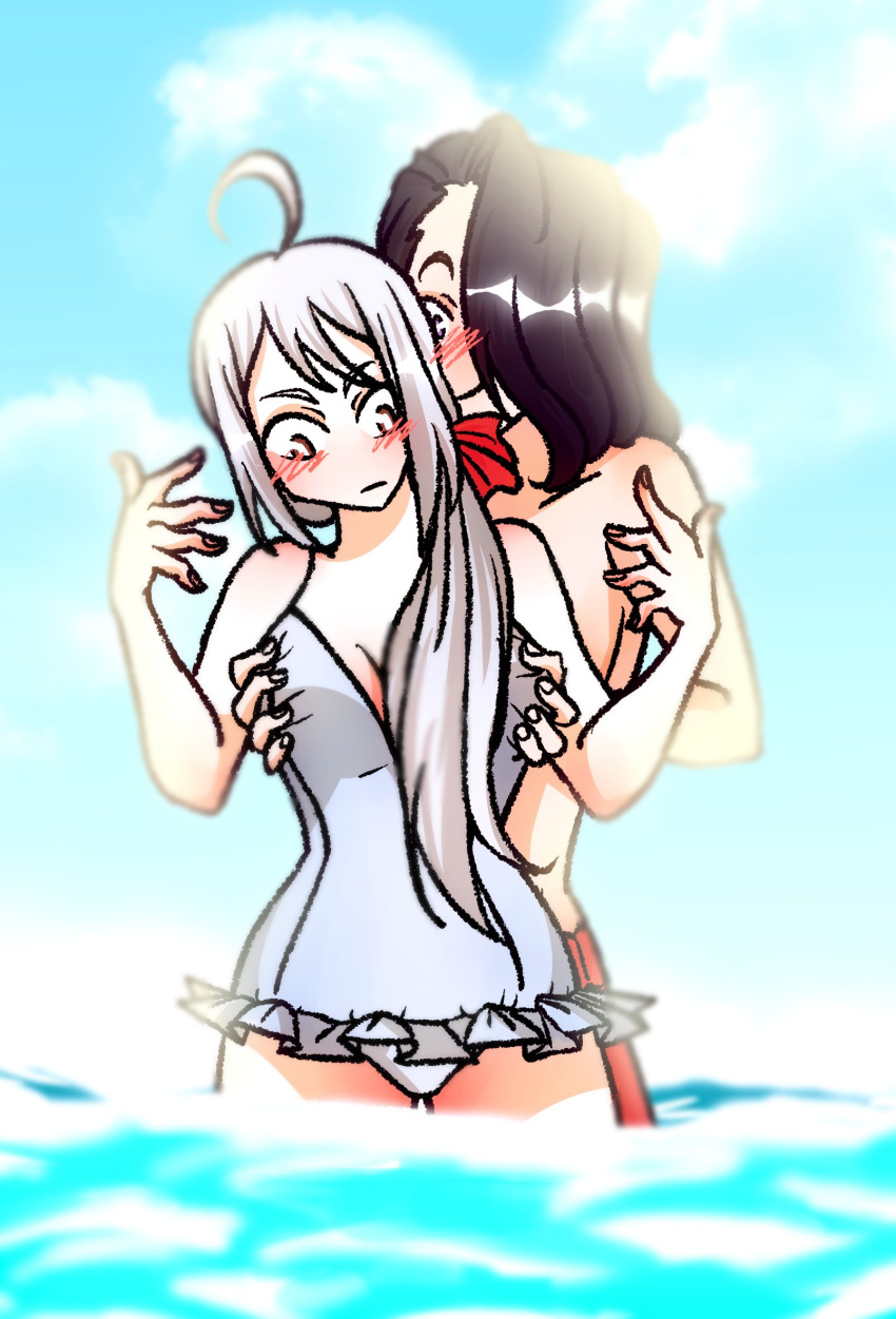 1boy 1boy1girl 1girls blush brown_eyes danganronpa danganronpa_another fanganronpa grabbing_from_behind sdra2 smooth_skin sora_(super_danganronpa_another_2) super_danganronpa_another_2 swimsuit vvao_xxx white_hair yomiuri_nikei