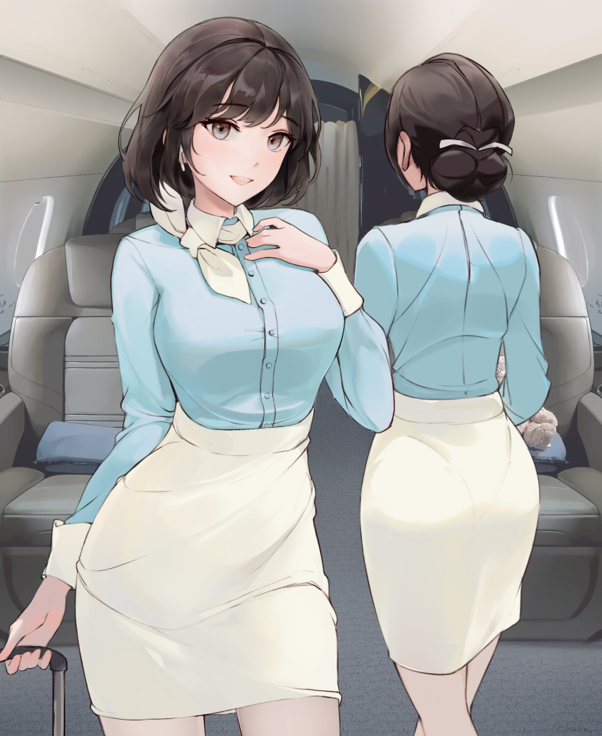 2girls airplane airplane_interior artist_name ass back bangs big_breasts blouse blue_shirt blush breasts brown_eyes brown_hair chowbie commentary curtains dated_commentary english_commentary eyebrows_visible_through_hair eyelashes eyeliner facing_away female female_only flight_attendant hair_tie hand_on_own_chest high-waist_skirt highres holding long_hair long_sleeves looking_at_viewer luggage makeup multiple_girls open_mouth original pantylines parted_lips pencil_skirt scar scarf seat shirt short_hair sidelocks skirt smile standing stewardess tied_hair white_skirt