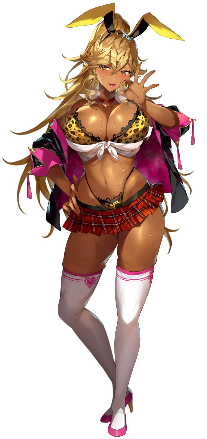 1girls 2021 blonde_hair blush bra breasts brown_skin bunny_ears bunny_girl bunnystein_fantasy celica_(bunnystein_fantasy) choker cleavage crop_top fellatio_gesture female female_focus female_only full_body gan_(shanimuni) gold_eyes gyaru heart_choker hi_res highleg_panties huge_breasts leopard_print leopard_print_bra leopard_print_panties long_hair looking_at_viewer naughty_face panties schoolgirl_outfit short_skirt smile suggestive_gesture suggestive_look sweat sweaty_body tan tan-skinned_female tan_skin