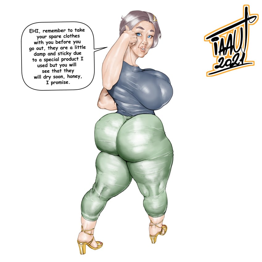 1girls boobs_and_butt_pose chubby grace_(pokemon) high_heels huge_ass huge_breasts iaaut looking_at_viewer looking_back milf pants pokemon pokemon_xy shirt solo thick_thighs tight_clothing tight_pants white_background