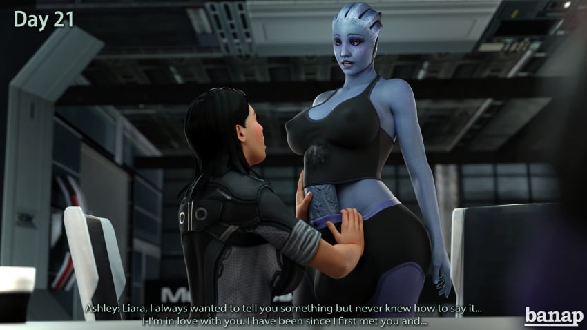 3d 3d_(artwork) asari ashley_williams banap blender blue_skin comic comic_page dialogue futanari huge_cock liara_t'soni mass_effect no_nut_november precum precum_through_clothing professing_love sci-fi science_fiction scifi text