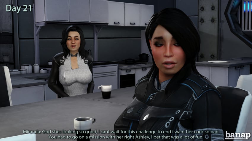 2girls 3d 3d_(artwork) ashley_williams banap big_lips blender clothed cock_hungry comic comic_page dialogue english_text half-closed_eyes horny horny_female lips mass_effect miranda_lawson no_nut_november penis_awe sci-fi science_fiction scifi sitting_at_table subtitled table text