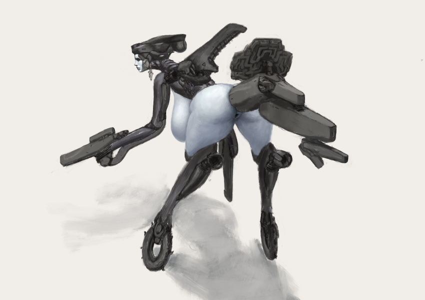 anal anal_sex android ass bent_over big_breasts big_butt black_lips breasts curvy_figure digitigrade female genitals gun gun_arm hanging_breasts haydret hi_res huge_breasts humanoid lips looking_back machine not_furry penetration pussy ranged_weapon rear_view robot simple_background small_waist solo weapon white_background white_body white_skin