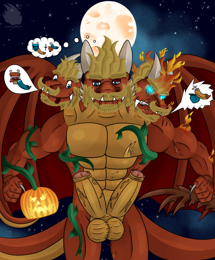 abs absurd_res angry anthro balls beard claws dax_(dcr99) diphallia diphallism dragon emoji emojis emoticon erection facial_hair fire flaming_hair food fruit full_moon genitals hair halloween_theme happy hi_res holidays horn landscape male moon moustache multi_genitalia multi_head multi_penis muscular night pecs penis plant pseudo_hair pumpkin scalie sky solo star thescorchingdragon tongue vines