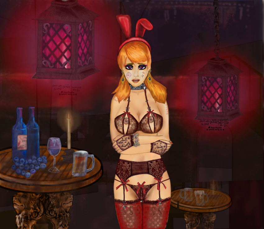 bar_girl bunny_ears bunny_girl cross_tattoo crotchless_panties garter_belt heart-shaped_pupils lingerie mind_break open_bra paw_tattoo pweathermk stockings tavern the_chant_of_the_dead