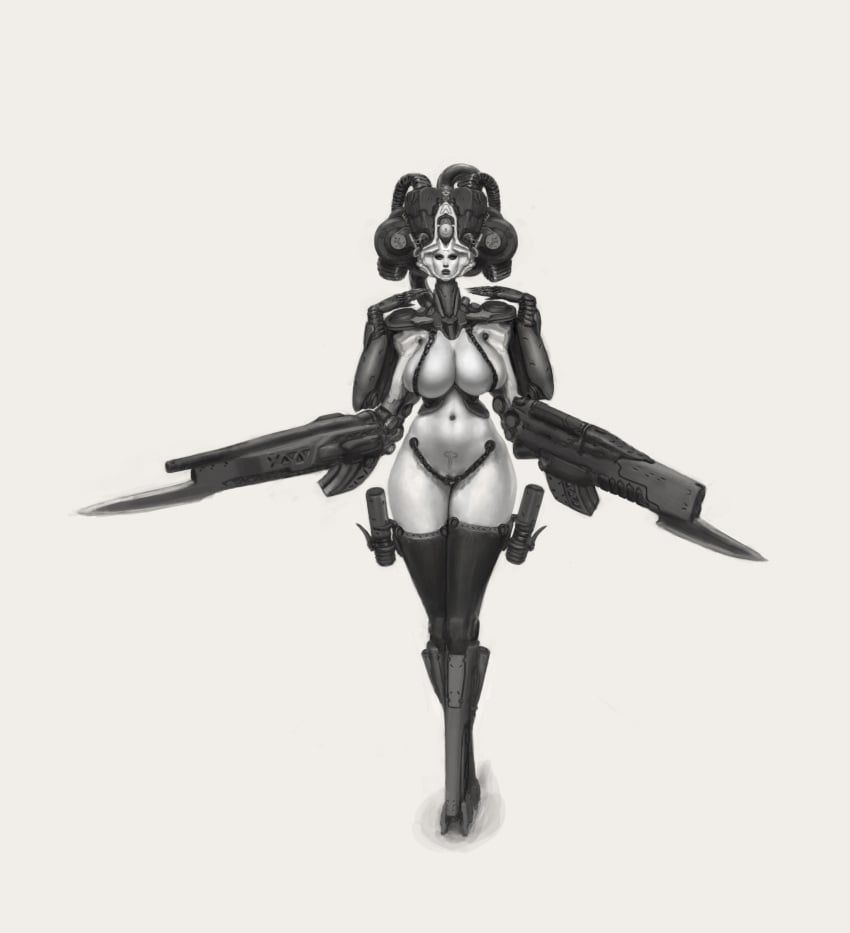 4_arms absurd_res android barely_visible_genitalia barely_visible_pussy big_breasts black_lips breast_squish breasts chains curvy_figure female genitals gun_arm haydret hi_res huge_breasts humanoid lips looking_at_viewer machine mechanical_arm monochrome multi_arm multi_limb navel not_furry pussy robot simple_background solo squish thick_thighs voluptuous white_background white_body white_skin wide_hips