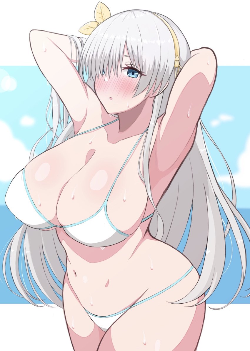 1girls anastasia_(fate) armpits arms_behind_head arms_up bangs bare_shoulders bikini blue_eyes blue_sky blush breasts cleavage collarbone fate/grand_order fate_(series) hair_over_one_eye hairband highres large_breasts long_hair looking_at_viewer navel open_mouth silver_hair sky swimsuit very_long_hair wagokinesis wet white_bikini