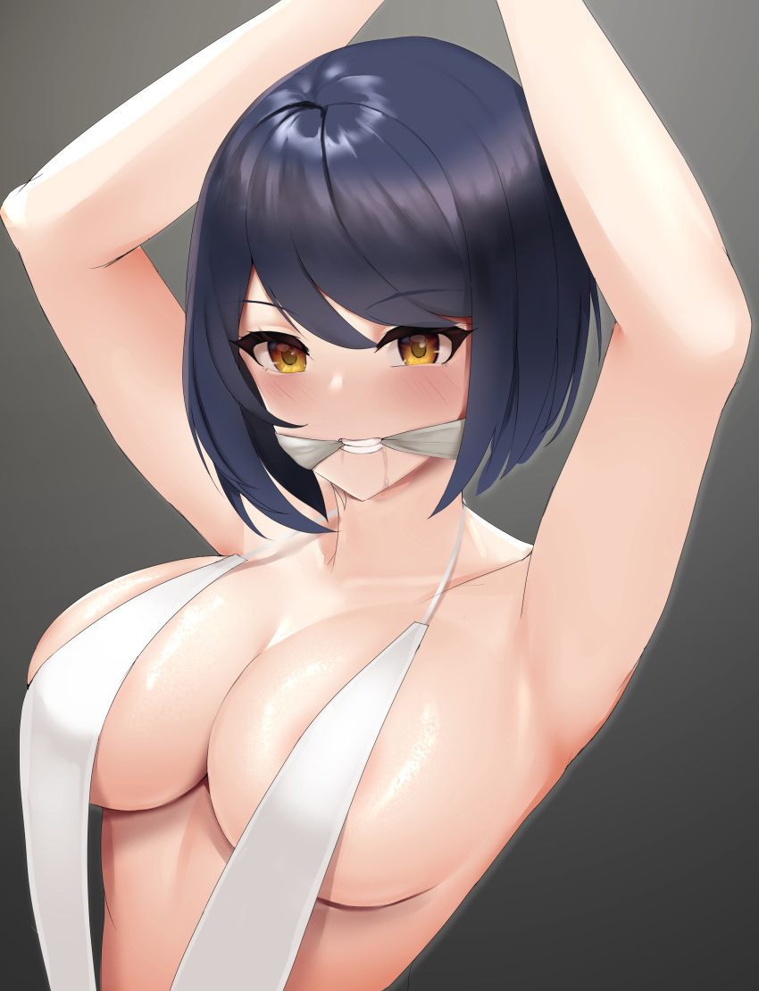 1girls absurd_res armpits arms_up big_breasts blue_hair blush bondage breasts cleavage drooling gag genshin_impact hi_res highres huge_breasts kujou_sara large_breasts looking_at_viewer ma_azi mouth_gag restrained saliva shiny_skin short_hair sling_bikini slingshot_swimsuit solo swimsuit teeth yellow_eyes