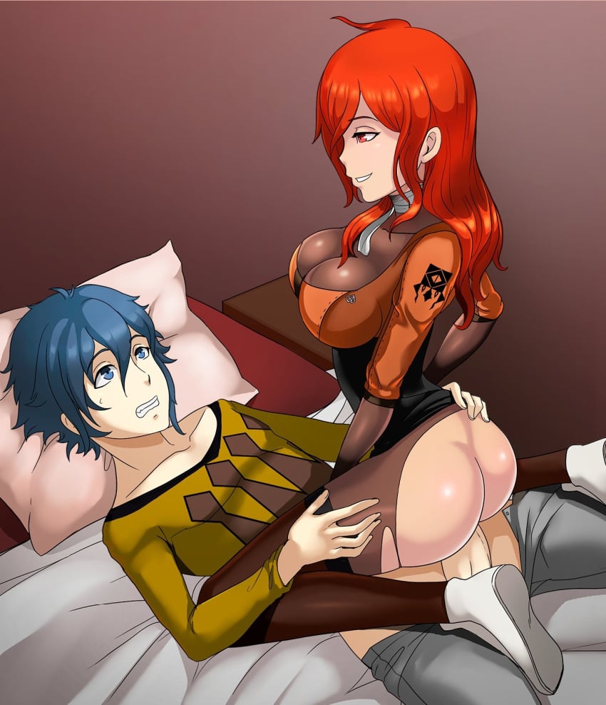 1boy 1girls ahoge blue_eyes blue_hair clothed_sex cowgirl_position danganronpa danganronpa_f_shattered_hope enigma_(danganronpa_f_shattered_hope) fanganronpa female large_ass large_breasts male red_eyes red_hair scarlet_(danganronpa_f_shattered_hope) sex straight_hair thighhighs