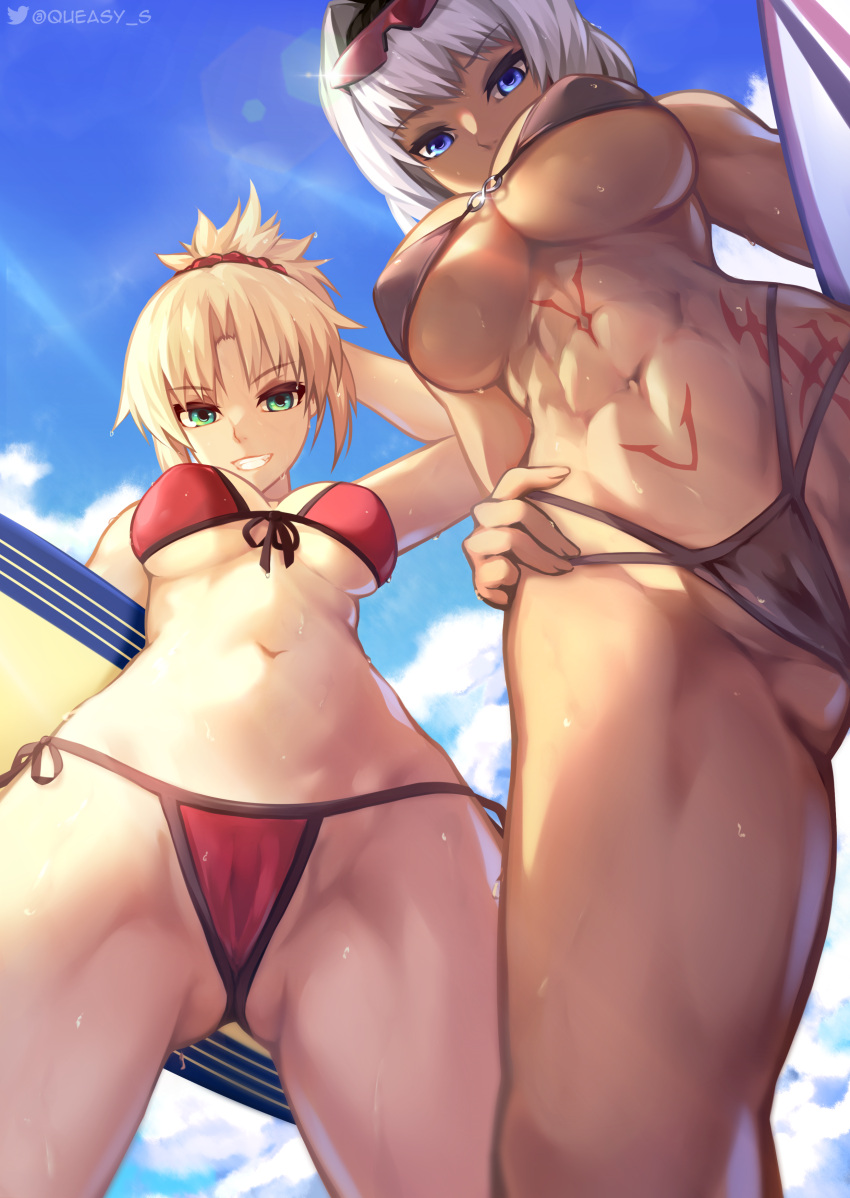 2girls ass barefoot beach bikini blonde_hair blush breasts busty caenis_(fate) child_bearing_hips clouds curvaceous curvy dark-skinned_female dark_skin fate/grand_order fate_(series) huge_ass huge_breasts inviting looking_at_viewer low-angle_view mordred_(fate) muscular muscular_female navel pale-skinned_female pale_skin queasy_s seductive seductive_smile sky smile suggestive sunglasses sunglasses_on_head surfboard thick_thighs underboob voluptuous wet wide_hips