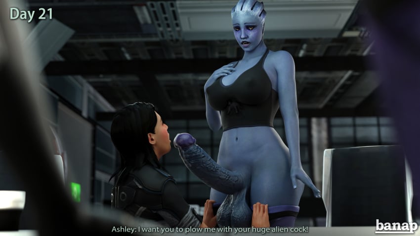 3d 3d_(artwork) asari ashley_williams banap big_balls blender blue_skin comic comic_page dialogue futanari huge_cock liara_t'soni mass_effect no_nut_november pants_down pants_pull pants_pulled_down precum sci-fi science_fiction scifi shocked shocked_expression text