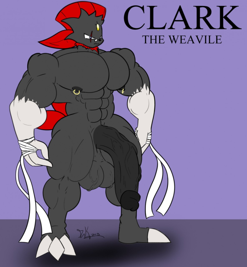 anthro bandage big_penis black_body clark_the_weavile generation_4_pokemon genitals hi_res huge_cock male mammal muscular muscular_male mustela mustelid musteline nintendo nipple_piercing nipples penis piercing pokémon_(species) pokemon pokemon_(species) riku9797 scar solo true_musteline vein video_games weavile