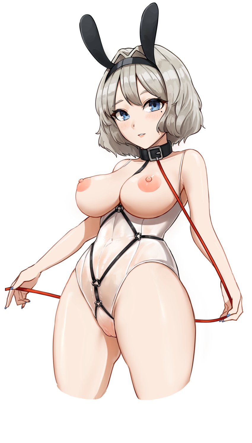 absurdres animal_ears bare_arms bare_shoulders between_breasts black_hairband blue_eyes blue_nails blush breastless_clothes breasts breasts_out cameltoe censored collar covered_navel cropped_legs fake_animal_ears female gluteal_fold hair_intakes hairband harness highres holding large_breasts leash leotard looking_at_viewer matmaj mole mole_under_eye mosaic_censoring nail_polish nipples original parted_lips rabbit_ears short_hair silver_hair simple_background smile solo thighs white_background white_leotard