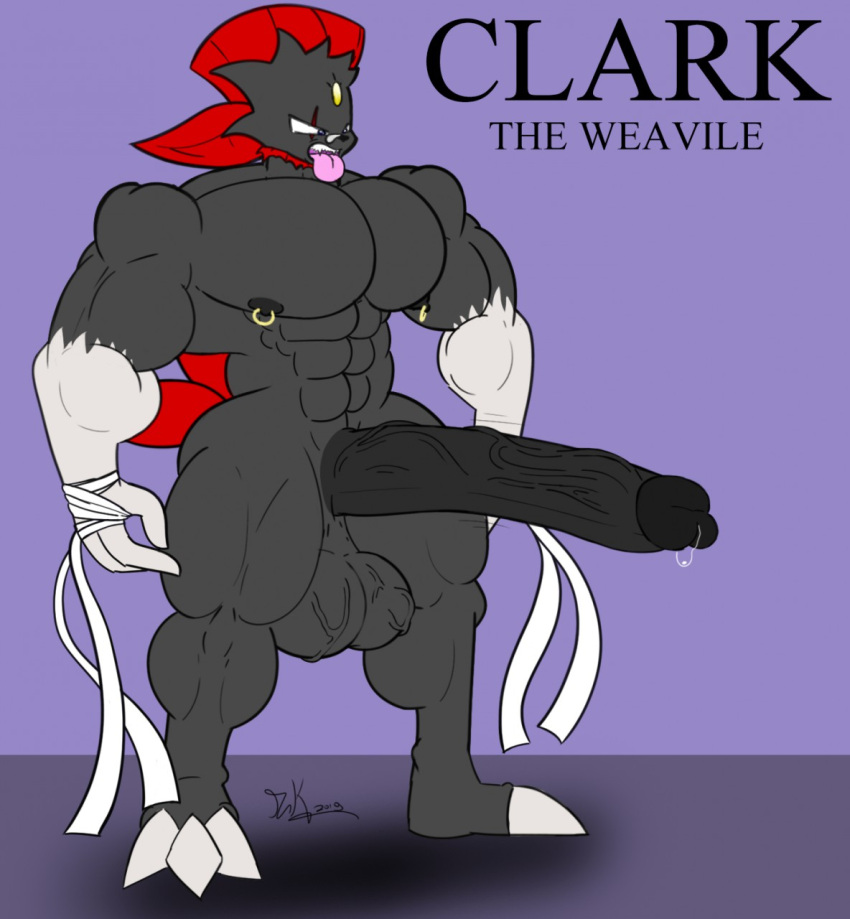 anthro bandage big_penis black_body clark_the_weavile english_text generation_4_pokemon genitals hi_res huge_cock male mammal muscular muscular_male mustela mustelid musteline nintendo penis pokémon_(species) pokemon pokemon_(species) riku9797 scar solo text tongue tongue_out true_musteline video_games weavile