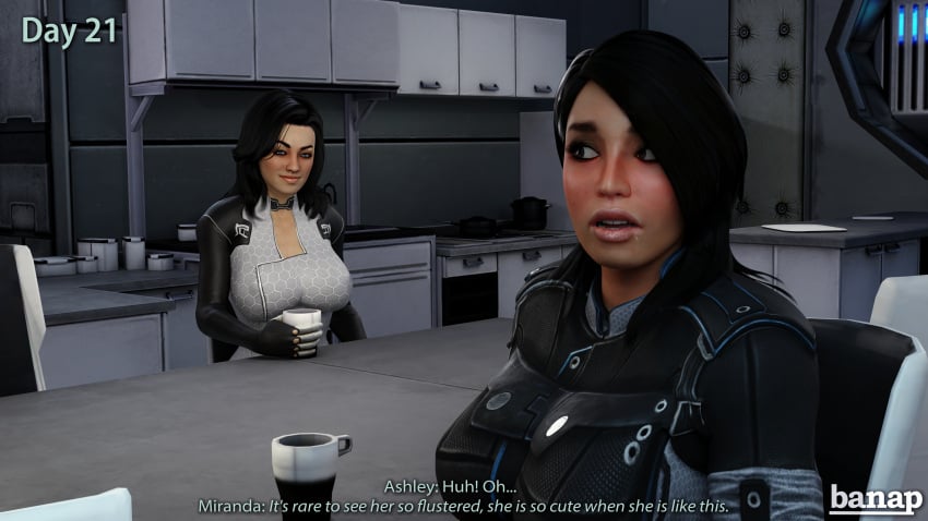 3d 3d_(artwork) ashley_williams banap blender comic comic_page dialogue drool horny horny_female mass_effect miranda_lawson no_nut_november sci-fi science_fiction scifi text