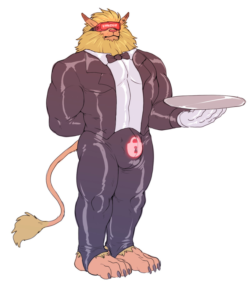 2021 4_toes anthro bandai_namco black_necktie black_tie_(suit) bow_tie bulge butler claws clothed clothing digimon digimon_(species) digital_drawing_(artwork) digital_media_(artwork) drone ear_piercing ear_ring feet felid fur glistening gloves handwear hi_res hyenaface hypnotic_visor leomon lion lock_bulge male male_only mammal mane mind_control muscular muscular_male necktie padlock_symbol pantherine piercing platter rubber simple_background solo standing suit tight_clothing toe_claws toes visor waiter white_background white_clothing white_gloves white_handwear