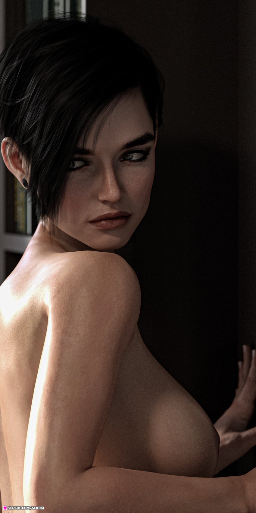 3d against_wall black_hair elena_(schrai) nude nude_female pinup schrai slushe_(website)