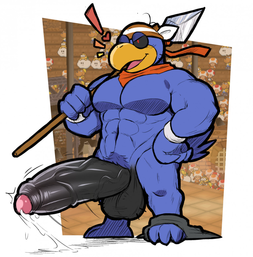 ! 1boy abs anthro avian balls bandana bara big_penis bird bodily_fluids craw_(paper_mario) dark_craw_(paper_mario) genital_fluids genitals hexdisciple hi_res huge_cock humanoid_genitalia humanoid_penis hyper hyper_genitalia hyper_penis kerchief male male_only mario_(series) melee_weapon muscular muscular_male nintendo paper_mario paper_mario:_the_thousand-year_door pecs penis polearm precum smile solo solo_male spear video_games weapon