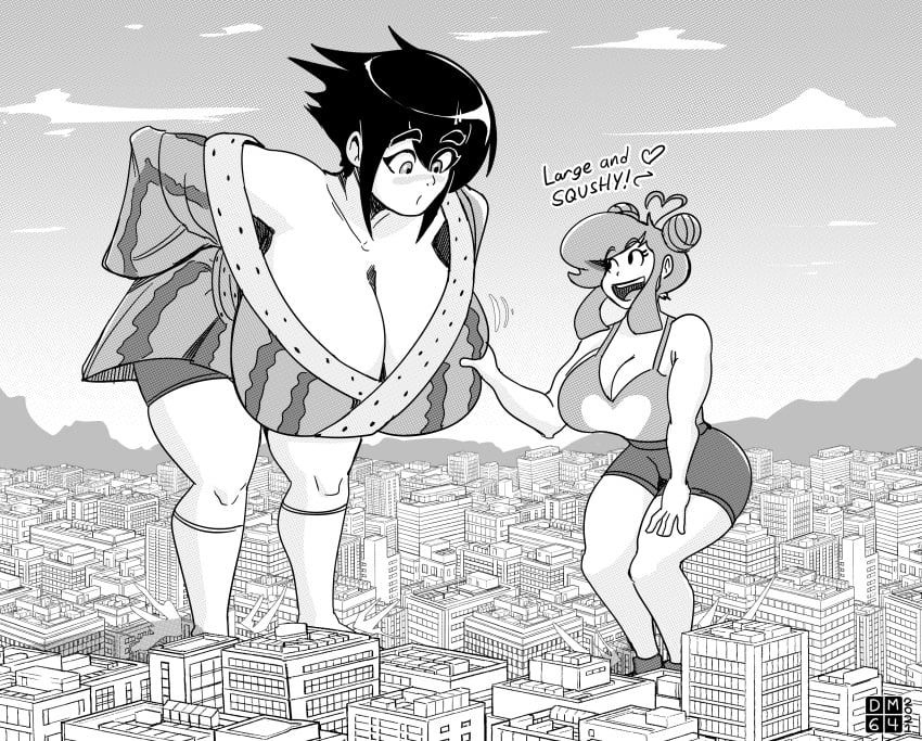 2girls big_breasts black_and_white character_request city female giantess huge_breasts hyper hyper_breasts julissa_(lucy_fuchs) lucy_fuchs original suika_(tsuchihara_) tagme