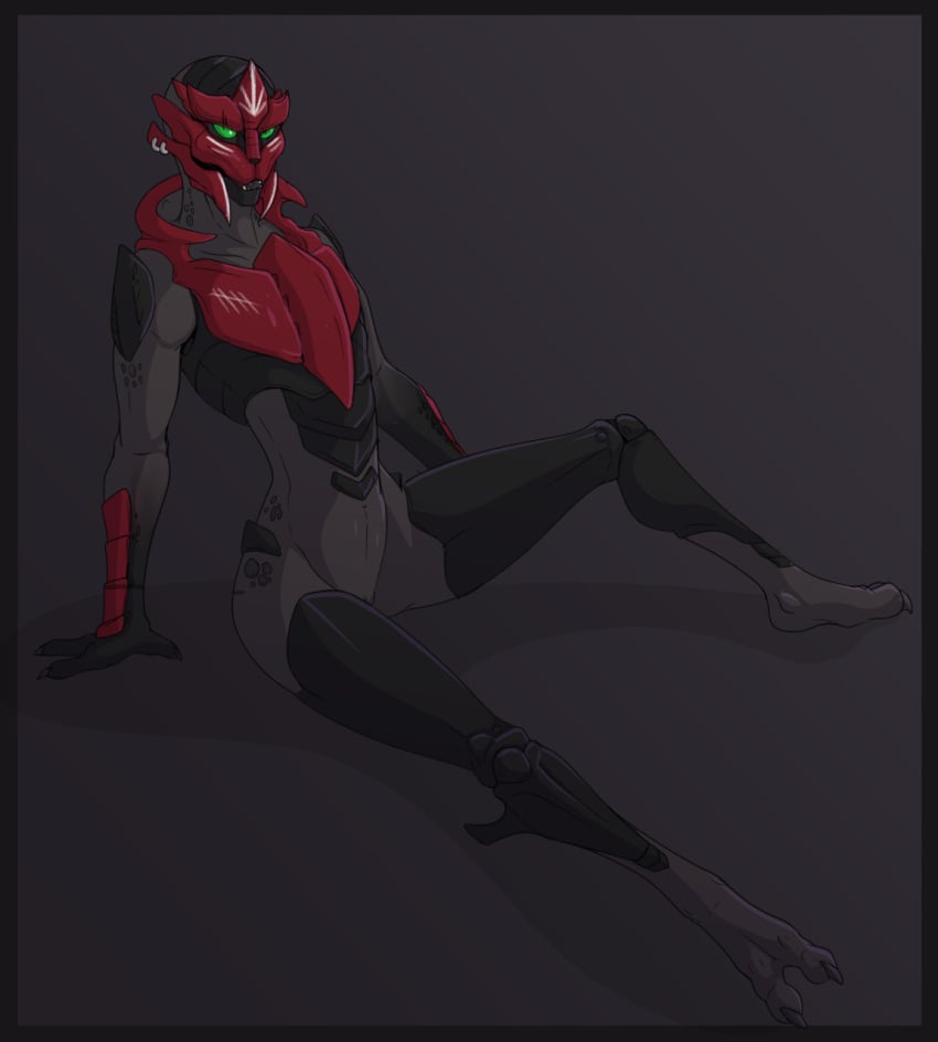 alien bastiel bodypaint face_paint female furgonomics furry-specific_piercing genitals green_eyes hi_res leaning leaning_back looking_at_viewer mass_effect nude open_mouth piercing pussy sitting solo spread_legs spreading tally_marks turian video_games