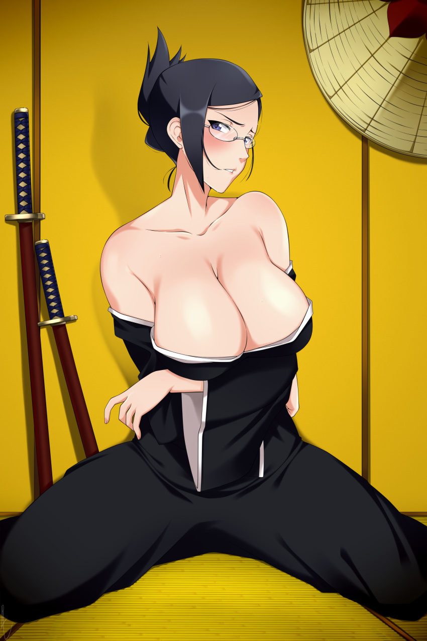 1girls arms_under_breasts bangs bare_shoulders big_breasts black_hair bleach blush body_blush breasts busty cleavage clothed_female clothing crossed_arms embarrassed eyewear female female_only glasses hair_bun huge_breasts indoors ise_nanao kimono kneeling large_breasts light-skinned_female light_skin lindaroze looking_at_viewer no_bra on_knees open_clothes paipan pale-skinned_female pale_skin robe shiny shiny_hair shiny_skin shy sidelocks skindentation solo solo_focus spread_legs tied_hair