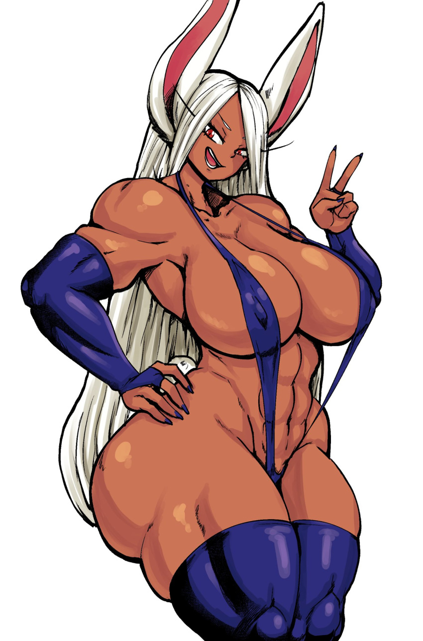 1girls big_breasts breasts bunny_ears dark-skinned_female eye_contact female female_only huge_breasts large_breasts long_hair looking_at_viewer miruko muscular muscular_female my_hero_academia nipple_bulge peace_sign red_eyes rumi_usagiyama solo standing thecon thick_thighs thighhighs thighs voluptuous white_background white_hair