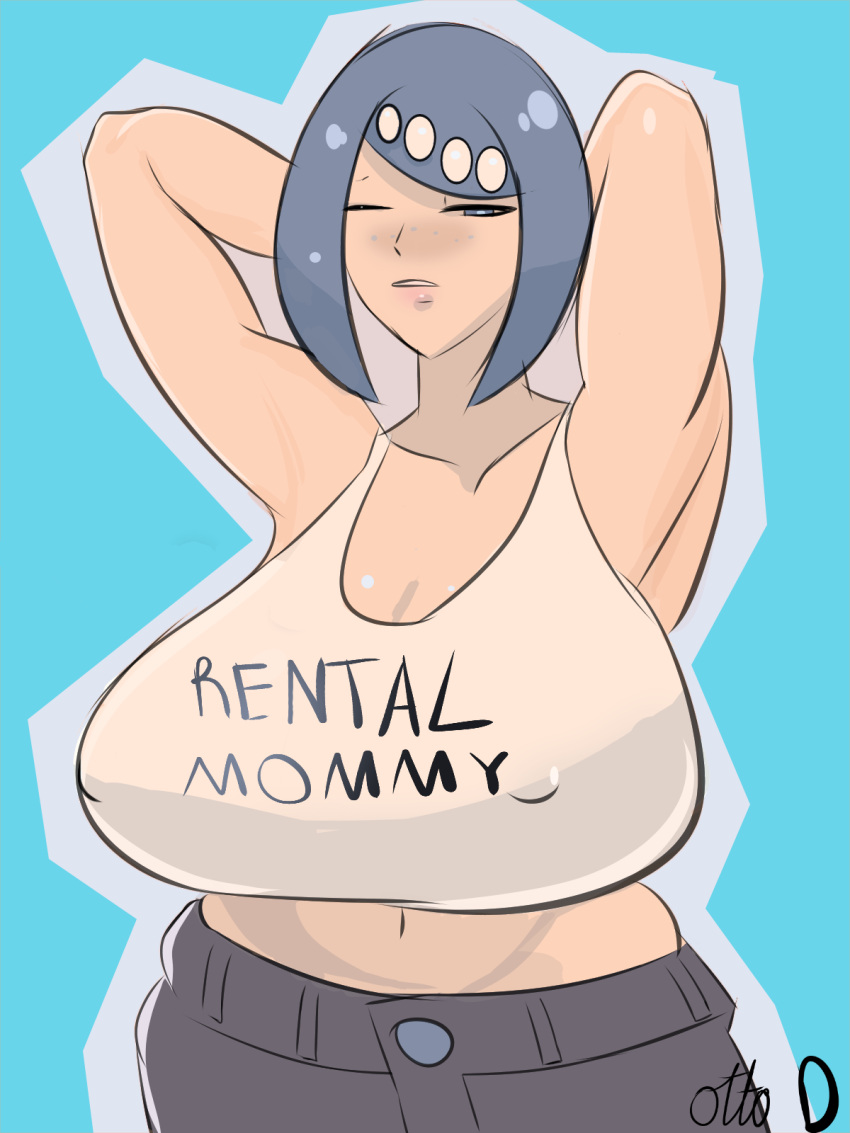 1girls armpits big_breasts blue_eyes blue_hair breasts clothed female female_only gigantic_breasts hair_ornament hi_res highres human lana's_mother_(pokemon) milf mob_face nintendo ottodelatto1 pokemon pokemon_sm rental_mommy rental_mommy_shirt solo tied_hair