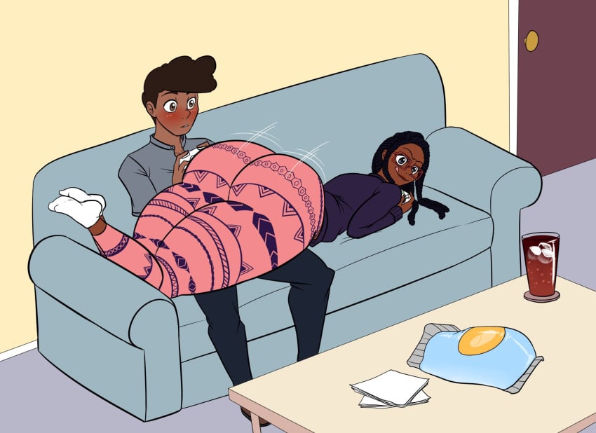 1boy 1girls ass ass_dough big_ass dark-skinned_female dark-skinned_male dark_skin dev_(eimmikha) eimmikha embarrassed female huge_ass hyper hyper_ass maddie_(eimmikha) playing_videogame size_difference source_request tagme thick_thighs vibing wholesome wide_hips