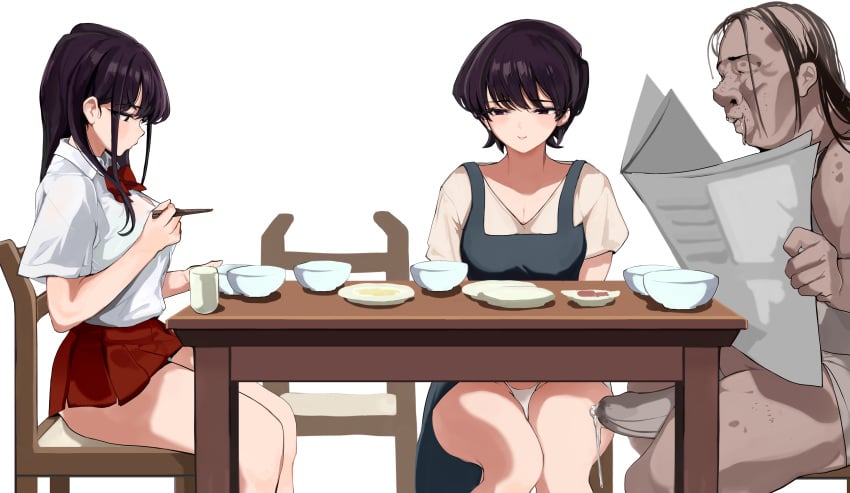 1boy 2girls absurdres apron bangs black_eyes black_hair bow bowtie breasts bulge chair chopsticks collared_shirt cum cup erection erection_under_clothes fat_man female highres holding holding_chopsticks holding_newspaper komi-san_wa_komyushou_desu komi_shouko komi_shuuko large_breasts long_hair male mamimi_(artist) mamimi_(mamamimi) miniskirt multiple_girls newspaper ntr old old_man panties penis plate pleated_skirt red_skirt shirt short_hair short_sleeves skirt table ugly_bastard ugly_man underwear upskirt v-neck white_shirt