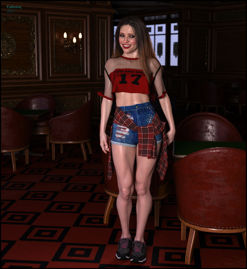 1girls 3d bare_midriff brown_hair clothed clothing colmarq female female_only jean_shorts looking_at_viewer medium_breasts pinup ripped_jeans slushe_(website) smile solo solo_female