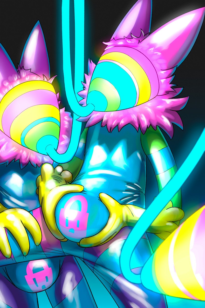 2021 4_fingers absurd_res anthro black_background blue_body bulge canid canine corruption deltarune digital_drawing_(artwork) digital_media_(artwork) duo_focus fingers fur glistening glowing green_body group hi_res lock_bulge male mammal markings mask multicolored_body null_bulge padlock_symbol pink_body pink_ears pink_fur rubber sexotheque simple_background striped_arms striped_body striped_markings stripes undertale_(series) video_games werewire yellow_body yellow_hands