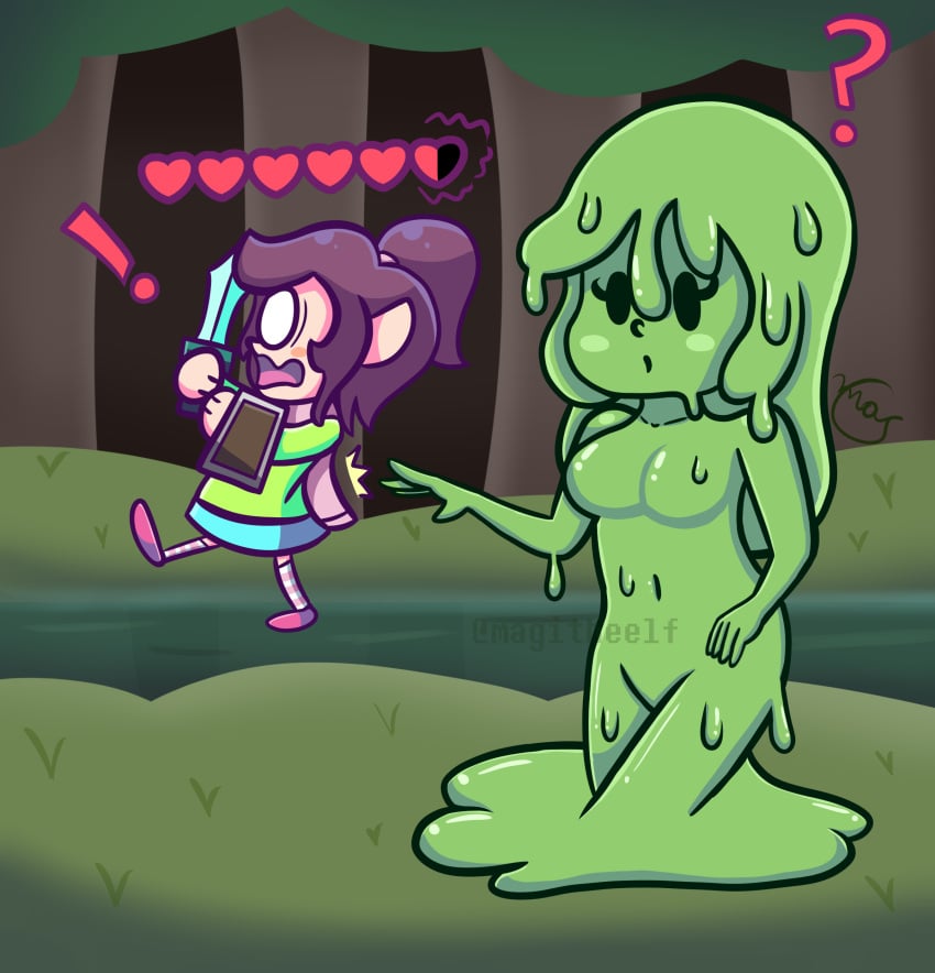 1boy 1boy1girl big_breasts breasts cute female gijinka green_hair green_skin liquid magitheelf microsoft minecraft minecraft_mob mojang monster_girl personification slime slime_(minecraft) slime_girl slime_hair video_games wholesome