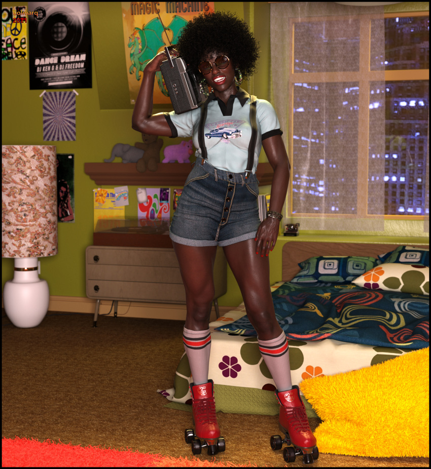 1girls 3d afro black_hair clothed clothing colmarq dark-skinned_female dark_skin female female_only jean_shorts looking_at_viewer medium_breasts pinup roller_skates slushe_(website) smile solo solo_female standing