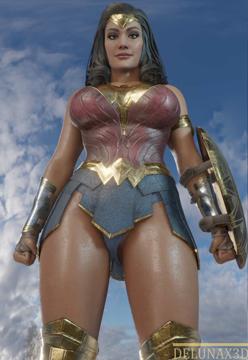 11:16 1girls 3d abs armored_dress big_breasts bodybuilder bodysuit dc dc_comics deluna2 delunax3d diana_prince female female_only fully_clothed gloves injustice_2 legwear looking_at_viewer looking_down muscular olive_skin shield skirt smiling smiling_at_viewer solo wet wet_skin wonder_woman wonder_woman_(injustice) wonder_woman_(series)